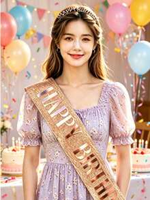 Birthday Party Rose Gold Rhinestone Crown Headband + Birthday Sash Set, Party Atmosphere Set - 1 Set - View 2