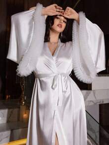 Plus Size White Satin Feather Long Robe, Morning Robe, Bridal Outerwear, Loungewear - White - View 5