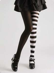 STAR RIVER 1 Pair Black & White Striped Gothic Tights, Y2K Colorblock Leggings, Sweet Lolita Socks, Halloween Cosplay - Multicolor - View 7