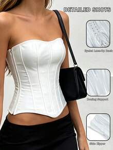 Sexy Corset Top Solid Color Waist Trainer Strapless Off Shoulder Corset Tank Crop Tops Bustier Zipper Push Up Sexy Underbust Top Overbust Corselet - White - View 1