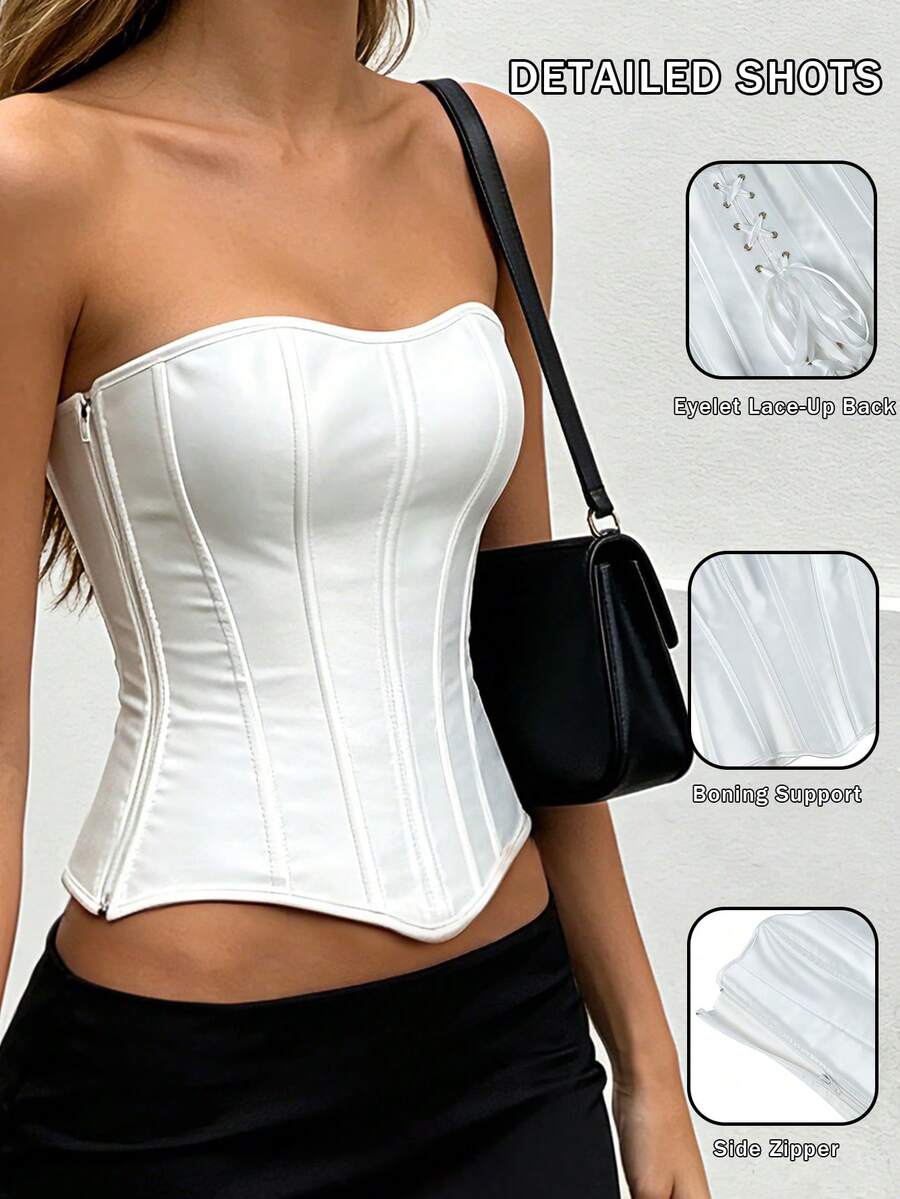 Sexy Corset Top Solid Color Waist Trainer Strapless Off Shoulder Corset Tank Crop Tops Bustier Zipper Push Up Sexy Underbust Top Overbust Corselet - White - View 1