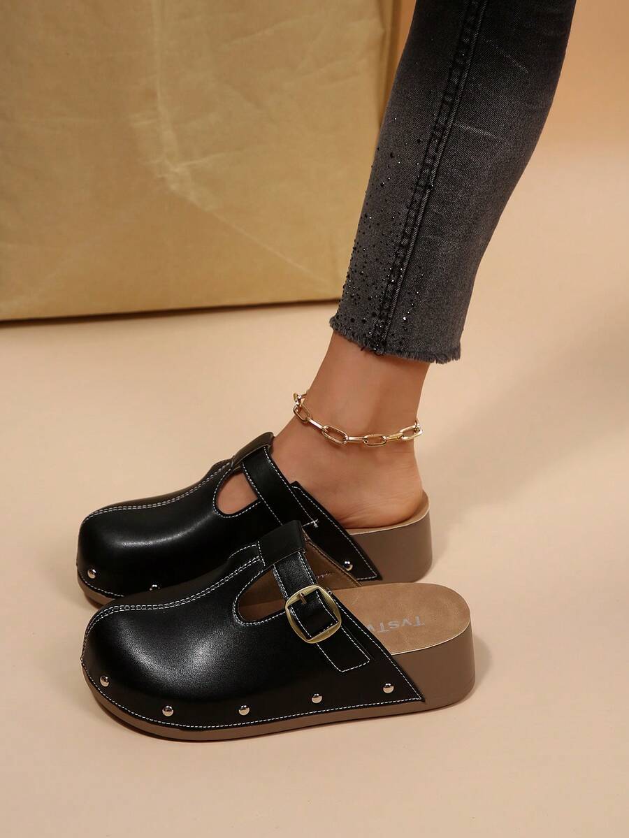 Women's New Boken Closed Toe Half-Slip-On Mule Shoes, Ultra-Light Thick Sole, Casual Retro Mori Style, Fashionable For Dating And Vacation - Black - View 1