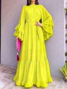 Women's Spring Summer Autumn Elegant Solid Color Long Sleeve Belted A-Line Romantic Casual Dress Yellow - Yellow - View 3