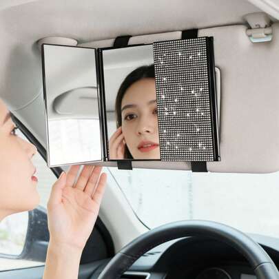 3-Fold Shiny Rhinestone Car Sun Visor Makeup Mirror, Adjustable 3-Panel Makeup Mirror, Universal Clip-On Car Sun Visor Vanity Mirror, Suitable For Car Interior