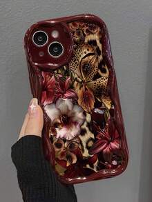 Floral Painted Creamy Wavy Edge Burgundy Flat Printed Anti-Fall Fashion Cute Phone Case Suitable For Ip 17/Ip 17pro/Ip 17promax/Iphone16/Iphone16pro/Iphone16promax/IPhone16plus/ 10cases Anti-Fall New IPhone14IPhnoe15 Anti-Fall P14 Thickened P13 Soft Shell P12 Full Coverage P11 Anti-Fall Creative Phone Case - Multicolor - View 6