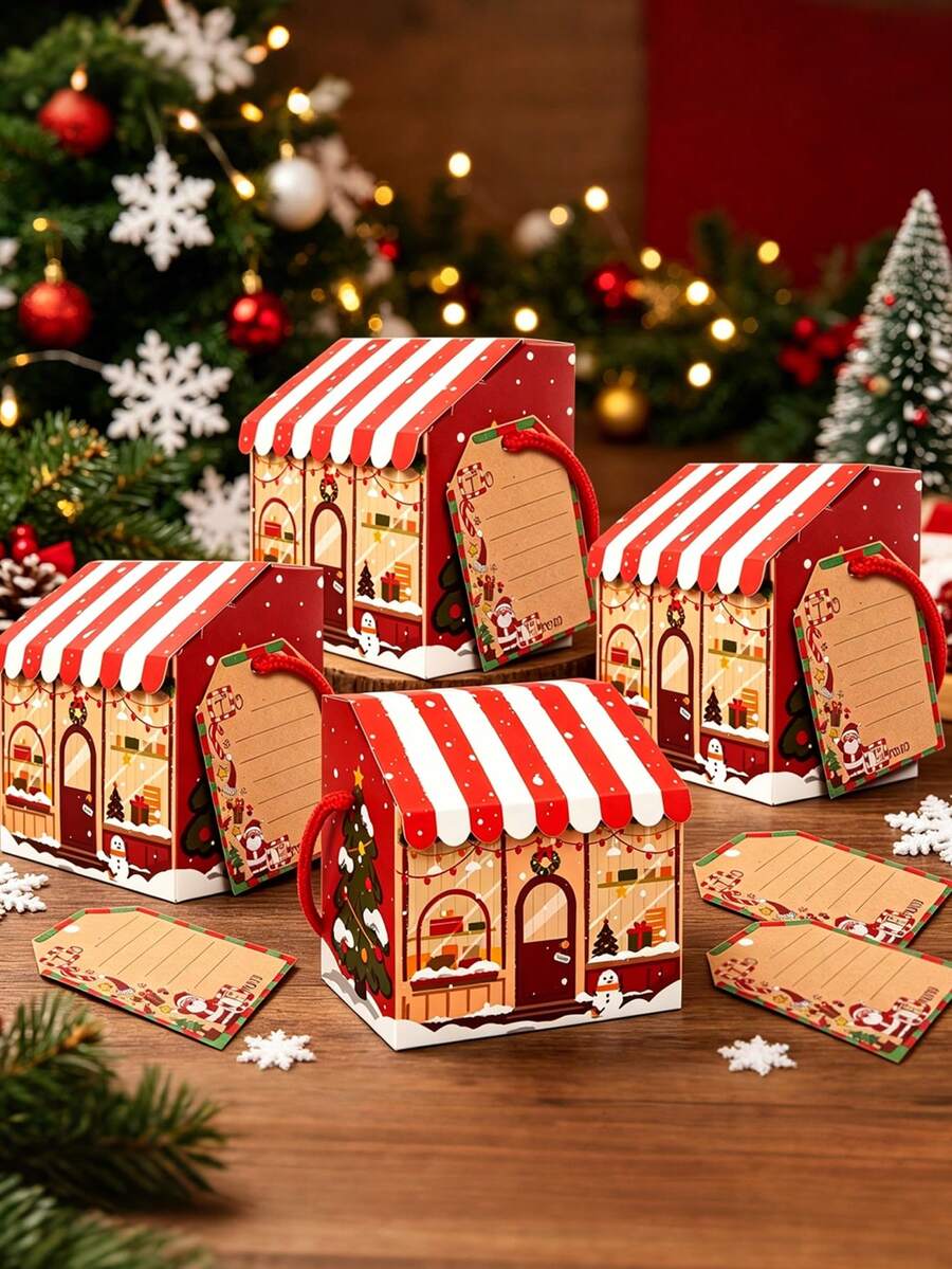 10pcs Christmas House Shape Gift Boxes With Handles Cartoon Christmas Tree Snowman Pattern Gift Packaging Box With Gift Tags Christmas Window Display Design Paper Treat Box For Winter Holiday Xmas Party Favors