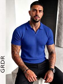 GRDR Suéter de punto de manga corta de unicolor para hombres, de moda para el verano - azul real - Ver 5