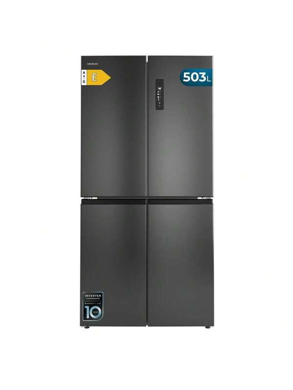 Cecotec Refrigerador Bolero CoolMarket 503L No Frost de 4 portas: Design elegante com controle independente de umidade e temperatura. Tecnologia Metal Flex Cooling para resfriamento uniforme e compressor inverter silencioso. Visor externo intuitivo, modo  e alerta sonoro para conservação ideal dos alimentos.