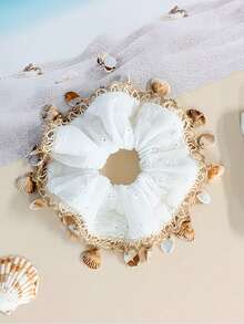 Embroidered Shell Tassel Lace Hair Scrunchie, Women's High-End Fashion Half-Up Ponytail Hair Tie, Beach Vacation Accessory - Multicolor - View 9