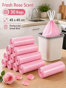 150pcs Pink Drawstring Trash Bags 45 X 45cm / 17.72 X 17.72in Plastic Rose Scented Small Bin Liners With Tie Handles And Tear Off Line Garbage Bags For Bathroom Kitchen Bedroom Office Living Room Small Trash Cans Daily Home Users - Pink - View 3