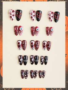 10pcs Dark Gothic Style 3D Acrylic Press-On Nails, Blood Eye And Spider Web Pattern, Medium Almond Shape, Suitable For Halloween Party And Themed Costume Events - Multicolor - View 2