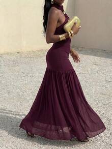 Vestido largo de mujer marrón con cuello halter | Vestido de fiesta con hebilla de metal, cintura fruncida y bajo con volantes - Morado - Ver 2
