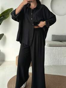秋季簡約休閒襯衫套裝 翻領單排扣側開衩長袖襯衫＋寬腿褲兩件套 黑色優雅 - 黑色 - 查看 3