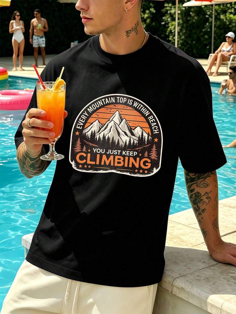 Men's Mountain Graphic T-Shirt, High Quality Fabric, Comfortable Fit, Breathable, Casual, Graphic Design - Black - View 1