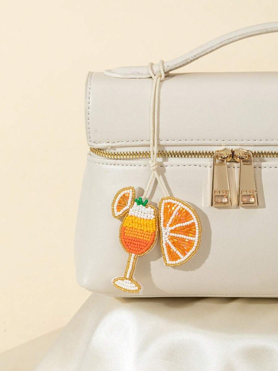 Handmade Seed Bead Ocean Vacation Style Matching Pendant Set, Bottle, Lemon Cup, Champagne Glass, Coconut Tree Shaped Fun Personalized Women's Bag Charm, Versatile Bag Accessory - Coral Orange - View 1
