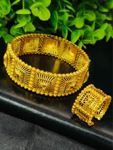 1 Pulseira 1 Anel Conjunto de Joias Xadrez Banhado a Ouro de Cobre 2 Peças Arábia Saudita Noiva Africana Casamento Banquete Joias Nupciais Presente de Feriado Decoração de Mão Embalagem em Caixa de Presente - Ouro amarelo - Visão 2