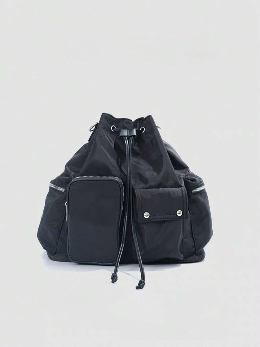 Mochila de viaje de gran capacidad con múltiples bolsillos estilo coreano de nicho, bolso de hombro ligero y versátil con cordón - Negro - Ver 1