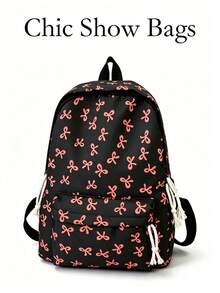 Mochila escolar clásica para estudiantes, estampado de lazos, correas ajustables ligeras, gran capacidad, mochila de viaje diario escolar con estética linda para niñas y mujeres - Negro - Ver 2