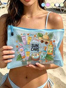 「SUN CARE」印花時尚防水 PVC 沙灘包，彩色字母印花，A4 尺寸，透明化妝包配尼龍拉鍊，適合游泳、潛水與夏季度假，輕量，年輕成人通用，沙灘包配件，旅行必需品，旅行配件，假期必需品，假期旅行包 - 彩色 - 查看 4