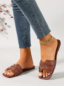 Ximi Ruo 女款春夏新款時尚休閒單帶一字拖鞋，舒適平底低跟圓頭極簡戶外沙灘拖鞋，百搭裝飾性夏季平底涼拖 - 棕色 - 查看 3