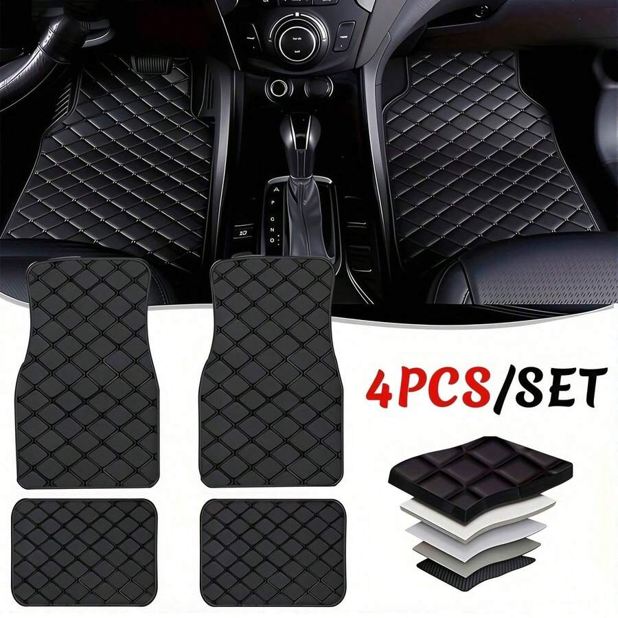 4-Piece Universal Car Floor Mat Set, With PVC Leather Surface, Fashionable Quilting Pattern, Water And Stain Resistant, Suitable For All Seasons, Deep Edge Design Can Effectively Absorb Dust, Bottom With Anti-Slip Material, Easy To Clean And Install.
