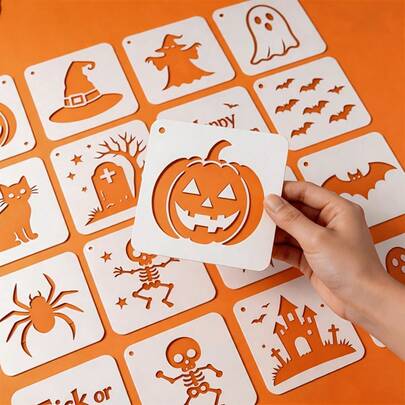 16 Halloween Painting Stencils - 10cm X 10cm, Happy Halloween Letter Stencils, Trick Or Treat Stencils, Suitable For Halloween Party, DIY Craft Painting, Can Be Used On Paper, Fabric, Clothes, Stones, Scrapbooks, Walls, Reusable Halloween Stencils