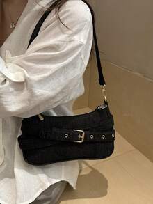 新款時尚腰帶裝飾手提包兼單肩包，適合派對、聚會、外出、度假、購物及日常使用，可收納硬幣、手機，亦可作為白領、大學生與上班族的通勤包，優雅女款設計師包 - 黑色 - 查看 3