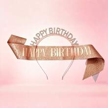Birthday Party Rose Gold Rhinestone Crown Headband + Birthday Sash Set, Party Atmosphere Set - 1 Set - View 3