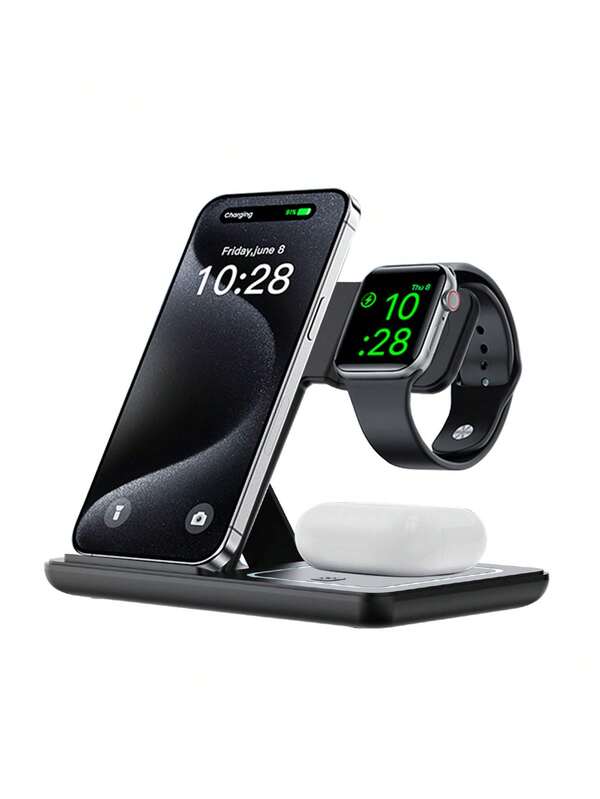 Estación de carga inalámbrica plegable 3 en 1, base de carga magnética rápida de 15W, soporte ajustable de doble ángulo, compatible con teléfonos Qi, relojes inteligentes y auriculares Bluetooth para carga simultánea, diseño compacto plegable para viajes, material ABS con luz indicadora ambiental suave, bobina de inducción incorporada que garantiza una carga estable