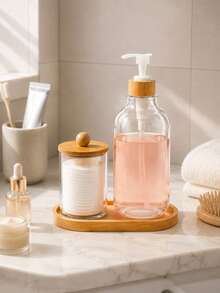 Bathroom Counter Organizer Set, Bamboo Tray With Soap Dispenser And Cotton Swab Holder, Clear Pump Bottle Vanity Storage Set For Bathroom Accessories, Modern Home Organization - View 4