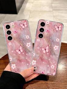 1pc Fashion Creative Pink Gold Marble Pattern Flower Butterfly Transparent Soft Protective Case Compatible With Huawei Honor Galaxy A04e/12/A13/A14/A34/A50/A52/A53/A54/S21/S22/S23/S24/S25/S25Ultra/S25FE/S26/S26 PLUS/S26 ULTRA/S26 EDGE/ 6A/7A/8A/ 12T/13T/15T/15 TPRO[International Version Not Local Version] - Clear - View 2