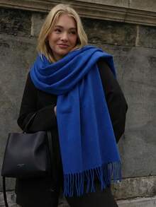 1pc Women's Minimalist Solid Color Cashmere Scarf, Casual Versatile Tassel Warm Shawl, Fashionable Cold-Proof Outerwear, Suitable For Daily Wear - Navy Blue - View 5