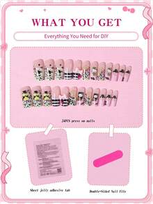 Sanrio Hallowmas Hello Kitty 24片 Y2K 中號方型豹紋法式穿戴甲，附可愛 Hello Kitty、Pompompurin、Cinnamoroll 圖案、蝙蝠、蝴蝶結與水鑽設計，適合壓克力假指甲套組，含 1 瓶果凍膠與 1 個指甲锉 - 彩色 - 查看 5
