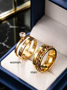 2 Styles Exquisite Commuter Gold-Plated Couple Rings, Roman Numeral Hollow Zirconia Ring, Rotatable Chain Wide Ring, Versatile Matching Set For Dating, Wedding, Valentine's Day (With Box) - Gold - View 8