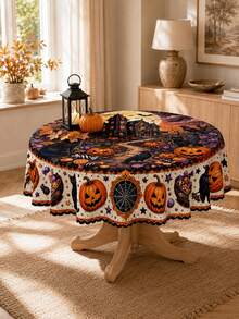 1pc-Halloween Tablecloth, Haunted House Black Cat Pumpkin Candy Table Cover, Spooky Gothic Fall Holiday Table Decor For Dining Room Kitchen, Party Home Decoration, Indoor Outdoor Tabletop Cover - Multicolor - View 16