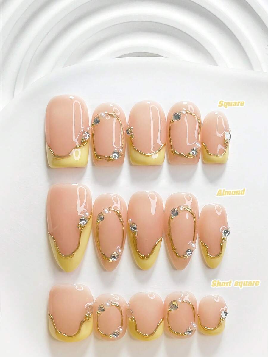 10件組極簡手工穿戴甲,Polygel美甲套組,圓形水鑽,黃色指甲油,法式風格,含美甲工具,3種尺寸可選,方型、短方型、杏仁形,適合派對、跳舞、日常配戴 - 彩色 - 查看 1