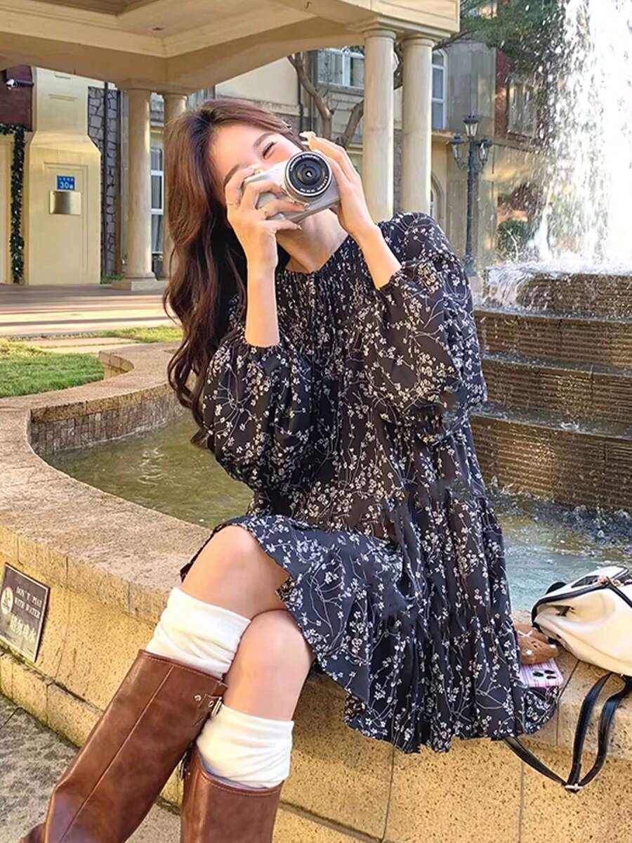 Y6Y 女士黑色印花V领长袖A字迷你连衣裙，休闲度假波西米亚风梭织面料，优雅春季款 - 黑色 - 查看 1