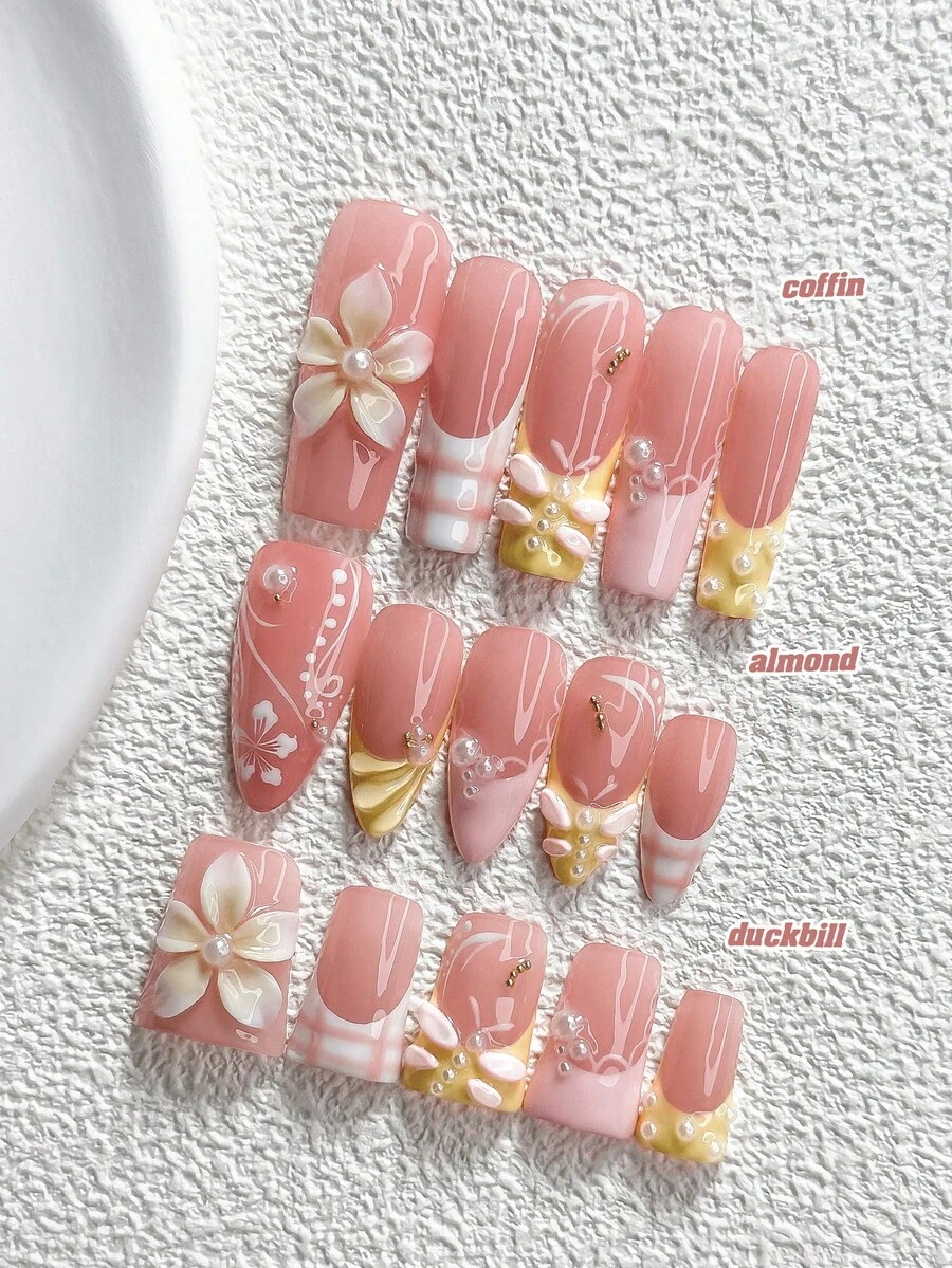 10Pcs Kawaii Sweet Girl Style Handmade Press On Nail,Polygel Nail Set,3D Carved Flower, Pink And Yellow Nail Polish,Korean Kawaii Aesthetic Style,Includes Nail Tools,3 Sizes Available,Almond Nails,Duck Nails,Coffin Nails For Party,Dance,Daily Wear. - 彩色 - 查看 1