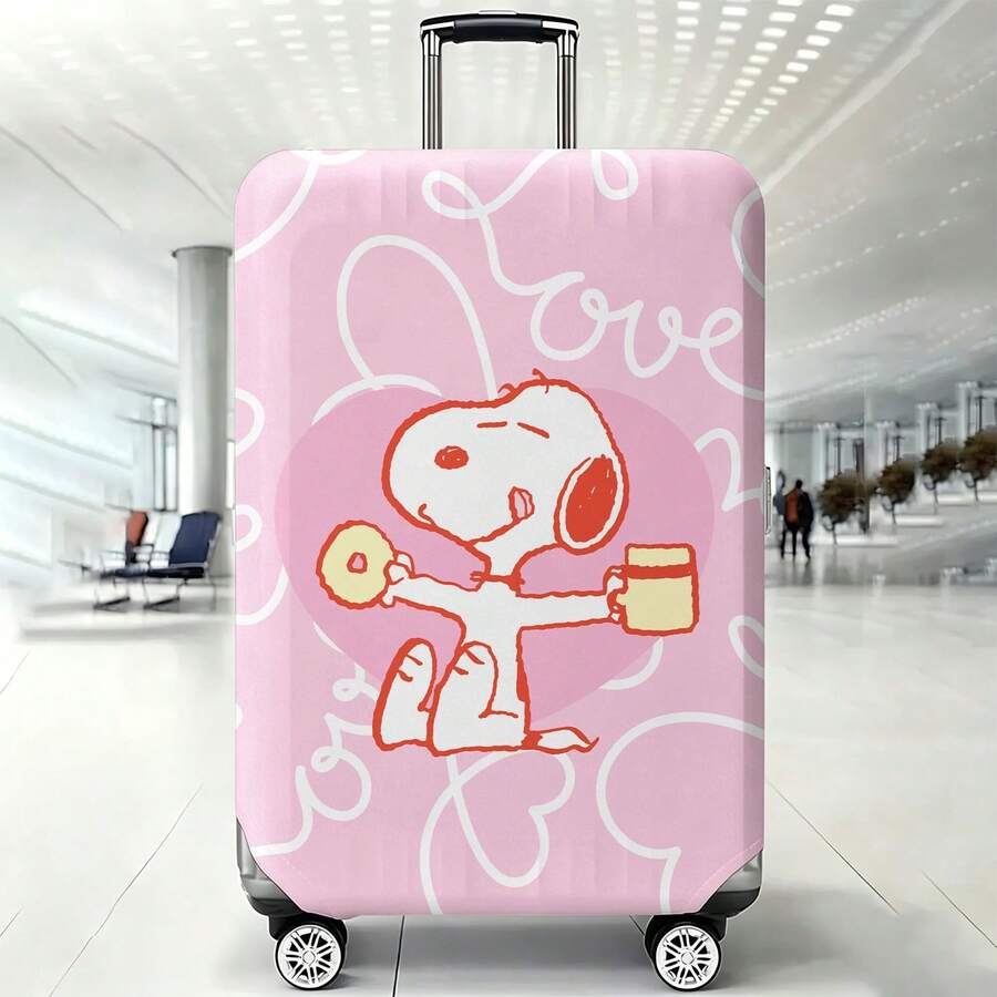Miniso Pink Heart LOVE Snoopy Donut Coffee Print Luggage Cover, Elastic Washable Suitcase Protector, Soft Girly Style Anti-Scratch Dustproof Travel Skin - Color - View 1