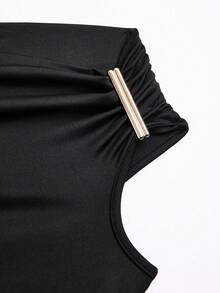 abyoxi Women's Black Cold Shoulder Ruched Waist Slim Fit Short Sleeve Fishtail Long Dress, Elegant, Sexy, Party, Wedding Guest, Date, Formal Dinner, Summer Autumn Bodycon Maxi Dresses - Black - View 8