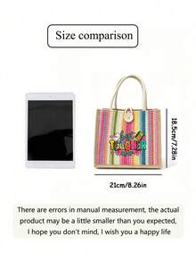 "Best Teacher" Floral Letter Print Linen Tote Bag, Reusable Printed Shopping Bag, Suitable For Commuting And Back To School - Multicolor - View 8