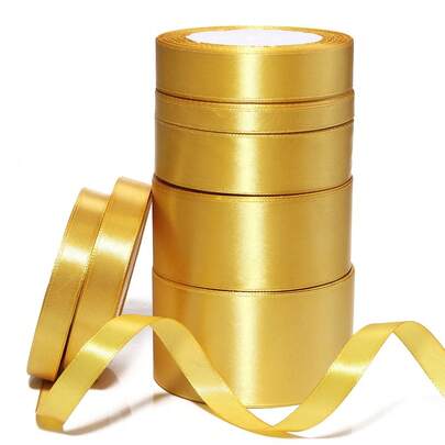 25 Yards/Roll Golden Yellow Gift Wrapping Satin Ribbon 1-5cm Flower Gift Box Decoration Packaging Fabric Tape Clothing Box Packaging Accessories Bow Handmade DIY Materials