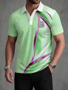 男士條紋休閒/商務休閒短袖 Polo 衫，春季/夏季 - 綠色 - 查看 2
