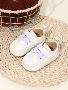 1 Pair Boys Solid Color PU Hook And Loop Design Non-Slip Breathable 0-15 Months Infant Walking Shoes Retro Classic Versatile Casual Sports Shoes Suitable For Spring And Autumn - White - View 4