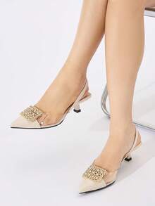 Women's Backless Slingback Stiletto Sandals With Rhinestone Square Buckle, Transparent PVC Embossed Patchwork Pointed Toe Kitten Heel Shoes, Beige Closed Toe Backless Shoes For Commute, Date, Party, Wedding, Bridesmaid - Beige - View 3