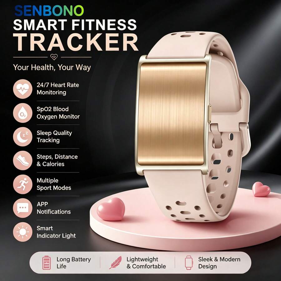 SENBONO Ultra-Thin And Lightweight Smart Bracelet, Supporting Multiple Exercise Modes, Heart Rate Monitoring, Sleep Monitoring, Call Reminder, Sedentary Reminder, Alarm Function, Wireless Connection, Calories, Men's And Women's Sports Watches - Pink Silicone - View 1