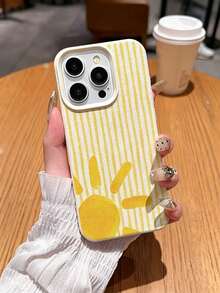1pc Yellow Striped Sun Pattern Large Hole Leather Texture Pink Shockproof Phone Case, TPU Material, Suitable As Holiday Gift, Compatible With Apple 17/17Pro/17Promax/16/16Pro/16promax/15/15promax/15promax/14/14Pro/13/12/11 Unisex Phone Cover Protective Case - Beige - View 2