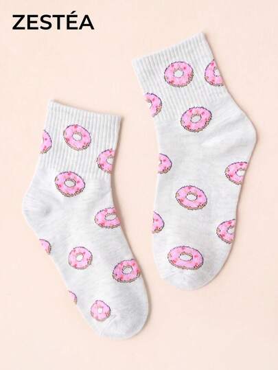 1 Paar hellgraue Donut-Muster Mittelhoch Socken, Unisex, süße Lebensmittel-Muster Mittelhoch Socken, atmungsaktiv, feuchtigkeitsableitend, kreative Freizeitsocken
