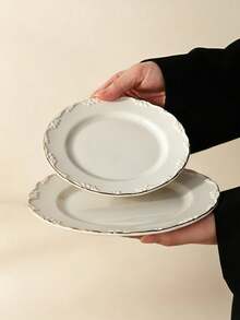 White Embossed Gold Rim Ceramic Dinnerware Set, Vintage Wavy Edge Porcelain Dessert Salad Cheese Serving Plate, Elegant Tableware, Suitable For Wedding Party Brunch Cold Platter Appetizer - Multicolor - View 12