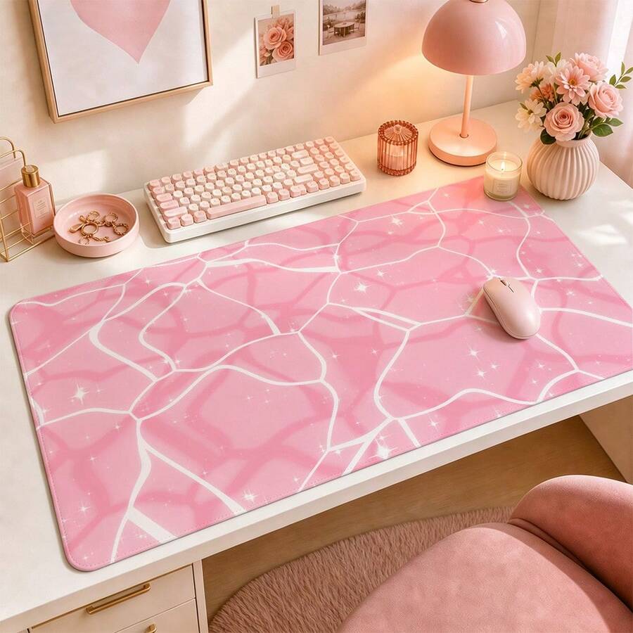 Glitter Cracked Marble Large Vanity Mat, Shiny Star Line Print Non-Slip Rubber Extended Mouse Pad, Waterproof Long Keyboard Pad, Suitable For Makeup Table, Office Desk Decoration - View 1